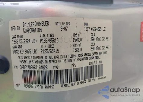 2008 Chrysler Pt Cruiser Lx из США, поврежденный, VIN 3A8FY48B68T104628